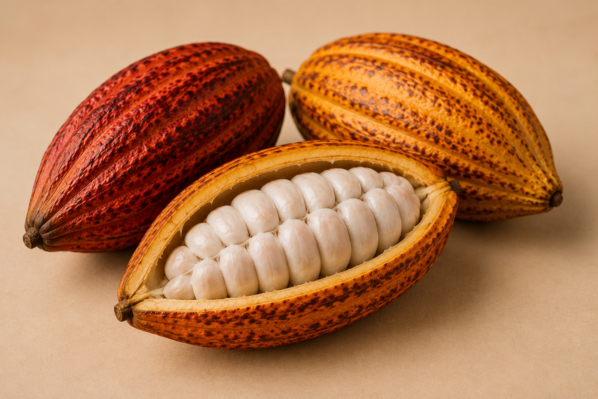 Colorful cacao pod opened to show the cacao beans inside